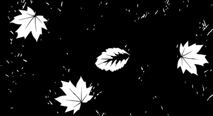 Artistic Black and White Illustration of Scattered Maple Leaves and Foliage.