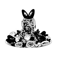 Artistic Black and White Illustration of Seafood Pasta Dish with Unique Presentation.