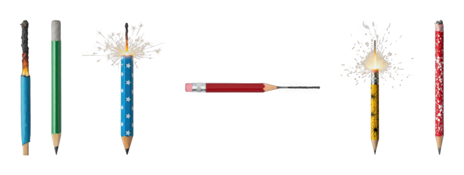 Creative pencil sparkler set including unlit, sparking, spent, and drawing stages isolated. Stationery and celebration concept.