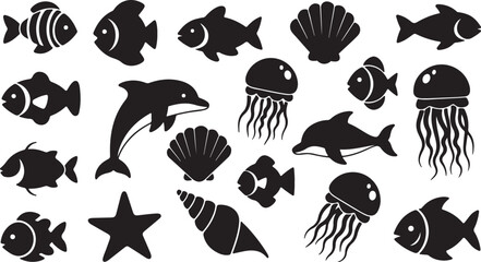 Naklejka premium Sea Life Silhouette Vector Set – Marine Animals, Fish, and Ocean Creatures Clipart Collection.