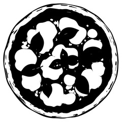 Artistic Black and White Pizza Illustration with Unique Abstract Toppings.