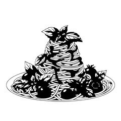 Artistic Black and White Spaghetti Pasta Dish with Basil and Tomatoes on Plate.