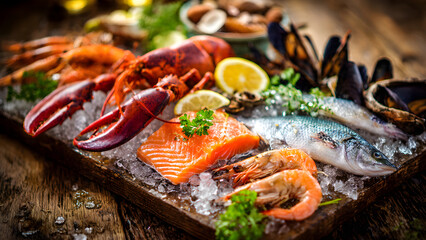 many kind of seafood served with crushed ice on wooden table