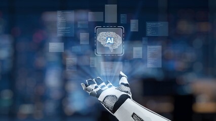 A futuristic robotic hand interacts with a holographic interface showcasing AI concepts and data, symbolizing advanced technology and innovation in the digital age. Synapse