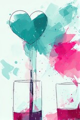 A vibrant watercolor heart in teal floats above a glass of pink liquid, with splashes of pink and blue paint around — romantic, artistic, and perfect for themes of love or creativity.
