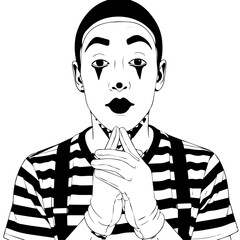 Artistic Illustration of a Mime with Classic Makeup and Striped Shirt.