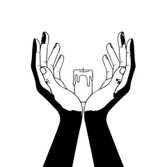 Artistic Illustration of Two Hands Protecting a Lit Candle with Dripping Wax.