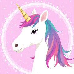 A charming white unicorn with a vibrant rainbow mane and a golden horn smiles gently against a soft pink background with a sparkling circular frame — magical, sweet, and perfect for fantasy or childre