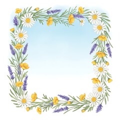 Fototapeta premium Watercolor Wildflower Meadow Floral Border Frame
