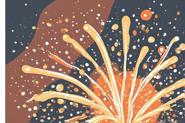 A vibrant, stylized firework bursts in golden-orange streaks against a dark, starry background with floating dots — festive, celebratory, and perfect for holidays or special events.