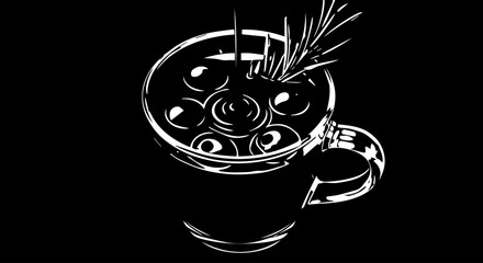 Artistic White Line Drawing of a Coffee Cup with Olives and Rosemary.