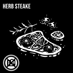 Artistic White Illustration of Herb Steak with Tomatoes and Rosemary Sprig.