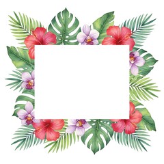 Tropical Watercolor Hibiscus and Palm Floral Frame