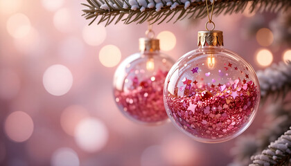 Fototapeta premium Two Clear Glass Baubles Filled with Pink Glitter and Star Confetti Hanging on a Snow-Dusted Pine Branch, Magical Christmas Background with Soft Bokeh Lights for Seasonal Marketing and Website Banners1