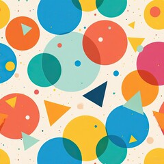 Fototapeta premium Playful, overlapping geometric shapes — circles and triangles in bold blue, orange, pink, and teal — create a vibrant, retro-inspired pattern perfect for creative or festive designs.