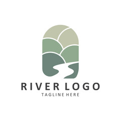 Logos rivers, riverbanks and streams. River logo with combination of mountains, farmland, sunrise with vector concept design