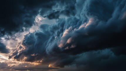 Fototapeta premium Dark clouds form a dramatic scene as clouds gather over the landscape. As sunset unfolds, the colors beneath the clouds create a striking and vibrant contrast in the sky.