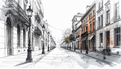 European street scene with old-fashioned lamps and buildings