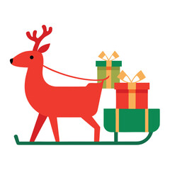 Fototapeta premium Red reindeer pulling sleigh with gifts sled presents