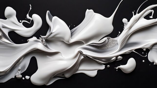 Abstract White Paint Splash on Black Background: Creative Swirls and Textures for Art, Design, and Modern Visuals, Liquid Motion and Dynamic Composition