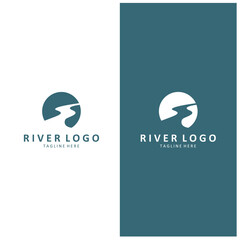Logos rivers, riverbanks and streams. River logo with combination of mountains, farmland, sunrise with vector concept design