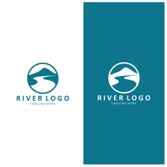 Logos rivers, riverbanks and streams. River logo with combination of mountains, farmland, sunrise with vector concept design