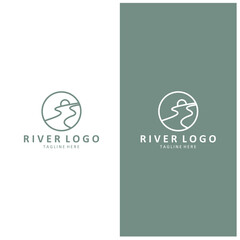 Logos rivers, riverbanks and streams. River logo with combination of mountains, farmland, sunrise with vector concept design