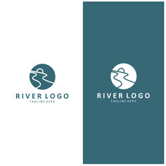 Logos rivers, riverbanks and streams. River logo with combination of mountains, farmland, sunrise with vector concept design