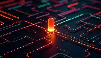 A glowing capsule surrounded by colorful lines on a black background, the lines are arranged in a maze-like pattern , the capsule is the only source of light.