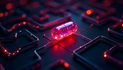A glowing capsule surrounded by colorful lines on a black background, the lines are arranged in a maze-like pattern , the capsule is the only source of light.