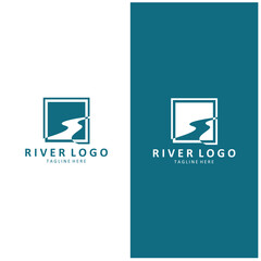 Logos rivers, riverbanks and streams. River logo with combination of mountains, farmland, sunrise with vector concept design