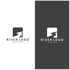 Logos rivers, riverbanks and streams. River logo with combination of mountains, farmland, sunrise with vector concept design