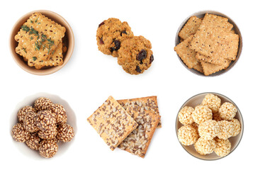 Gritty of seedy food texture. Collection of cookies, crackers and puffed rice balls on white background, top view