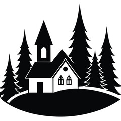 Fototapeta premium Black and white silhouette of a house and trees building