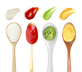 Ketchup, mayonnaise, wasabi and mustard isolated on white, collage
