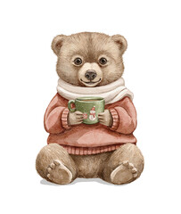 Christmas vintage cartoon cute little bear boy sits in clothes sweater and scarf drinking hot drink and smiling isolated on white background. Watercolor and pencil hand drawn illustration sketch