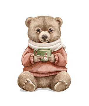 Christmas vintage cartoon cute little bear boy sits in clothes sweater and scarf drinking hot drink and smiling isolated on white background. Watercolor and pencil hand drawn illustration sketch
