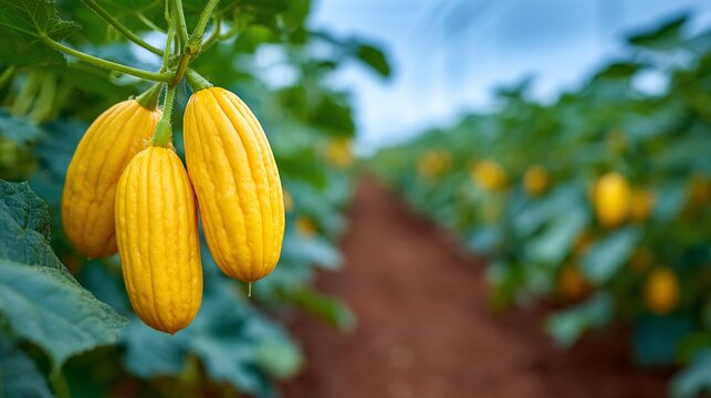 Close-up of ripe yellow zucchini growing in a field, revealing the bounty of agriculture