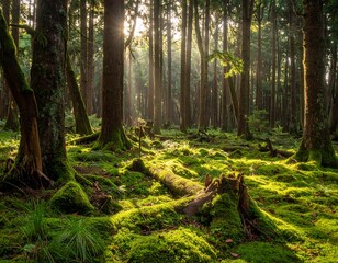 Fototapeta premium Sunlight Filters Through Lush Forest Floor.