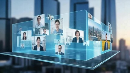Virtual meeting platform with diverse participants and city backdrop video generative ai - Powered by Adobe