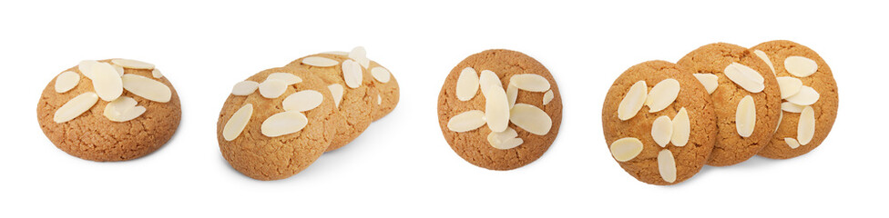 Tasty cookies with almond flakes isolated on white, set