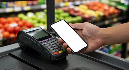 Close-up of a hand holding a smartphone with a blank white screen over a black payment terminal for contactless mobile pay in a grocery store.