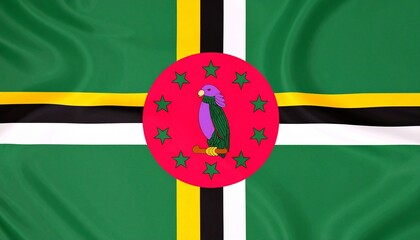 Dominica national flag with green field, triple-colored cross, red circle, Sisserou Parrot, and ten stars&mdash;symbolizing nature, unity, and national heritage.