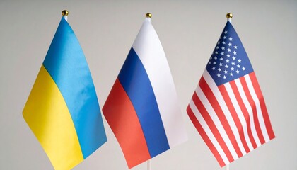 Flags of Ukraine, Russia, and the United States displayed side by side&mdash;symbolizing international presence, geopolitical dynamics, and national identity.