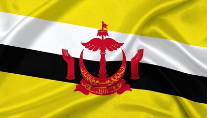 Brunei national flag with yellow field, diagonal white and black stripes, and central red emblem&mdash;symbolizing Islamic heritage, governance, and national identity.