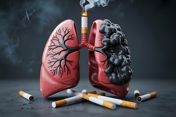 Damaged lungs with black tar and burning cigarette surrounded by discarded cigarettes