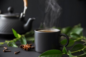 Dark grey mug of steaming hot tea next to a black teapot and spices