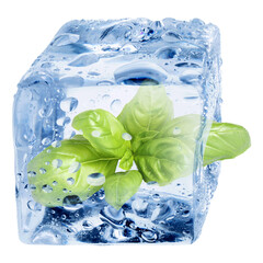 Fresh basil leaves inside ice cube on white background
