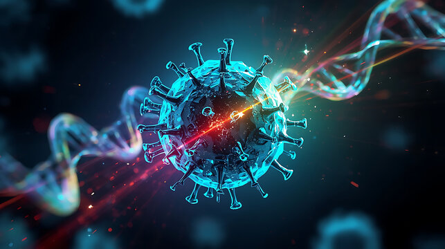 digital virus particle with illuminated rna and dna strands in scientific visualization