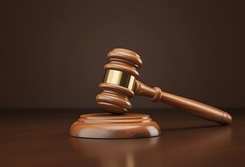 Wooden judge gavel with brass band resting on wooden surface and brown background
